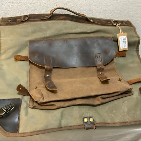 Waxed Canvas Leather Suit Luggage Garment Bag army green color - Picture 6 of 11
